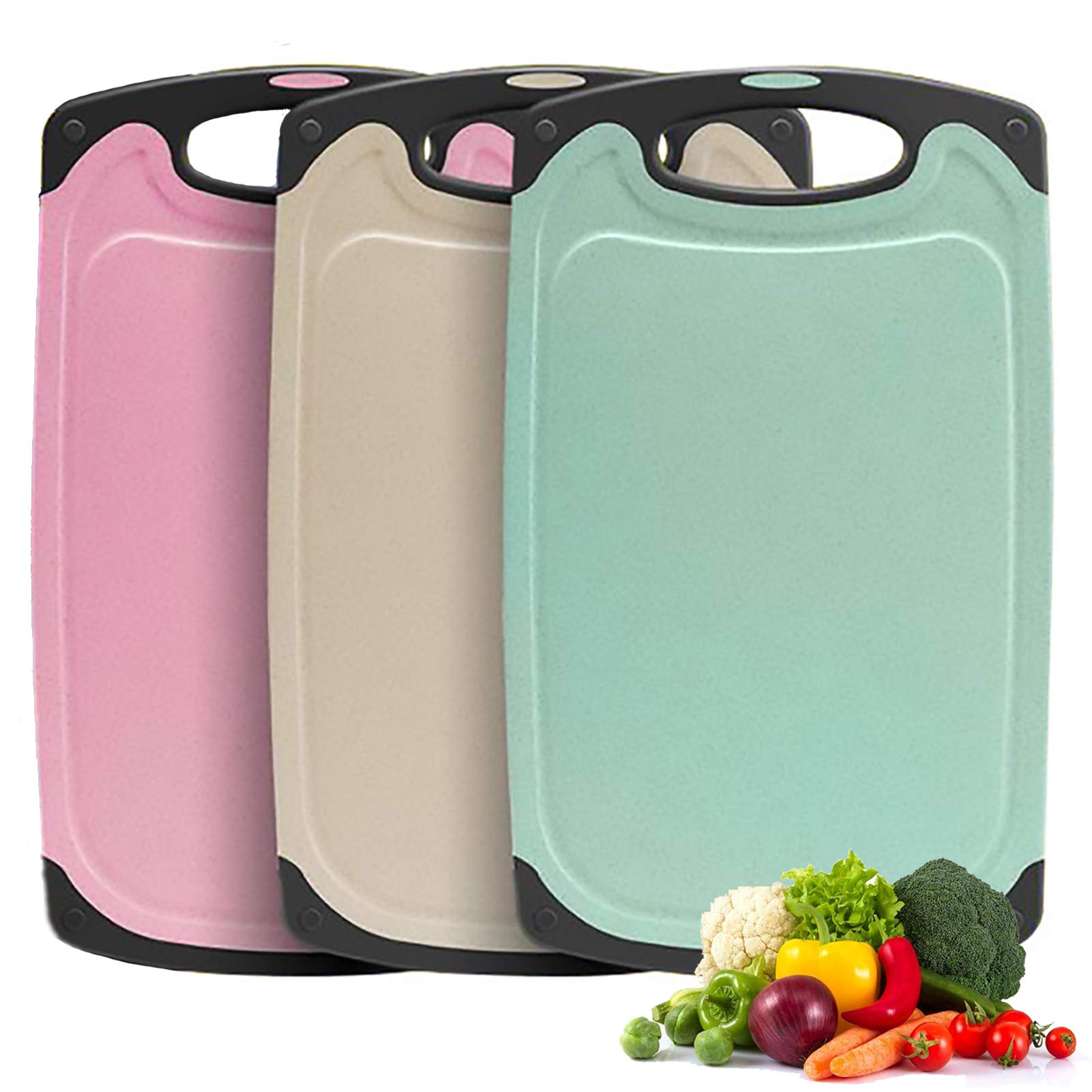 Chopping Board Set of 3 Wheat Straw Kitchen Chopping Boards BPA Free with Juice Grooves Easy to Grip Hanging Holes Non-Slip Dishwasher Safe Chopping Board (Beige,Green,Pink)