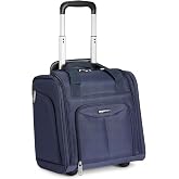 Amazon Basics Underseat Carry-On Luggage with Wheels and Handle, 14" Rolling Travel Bag, Fits Overhead Bins, Organized Compartments, Navy