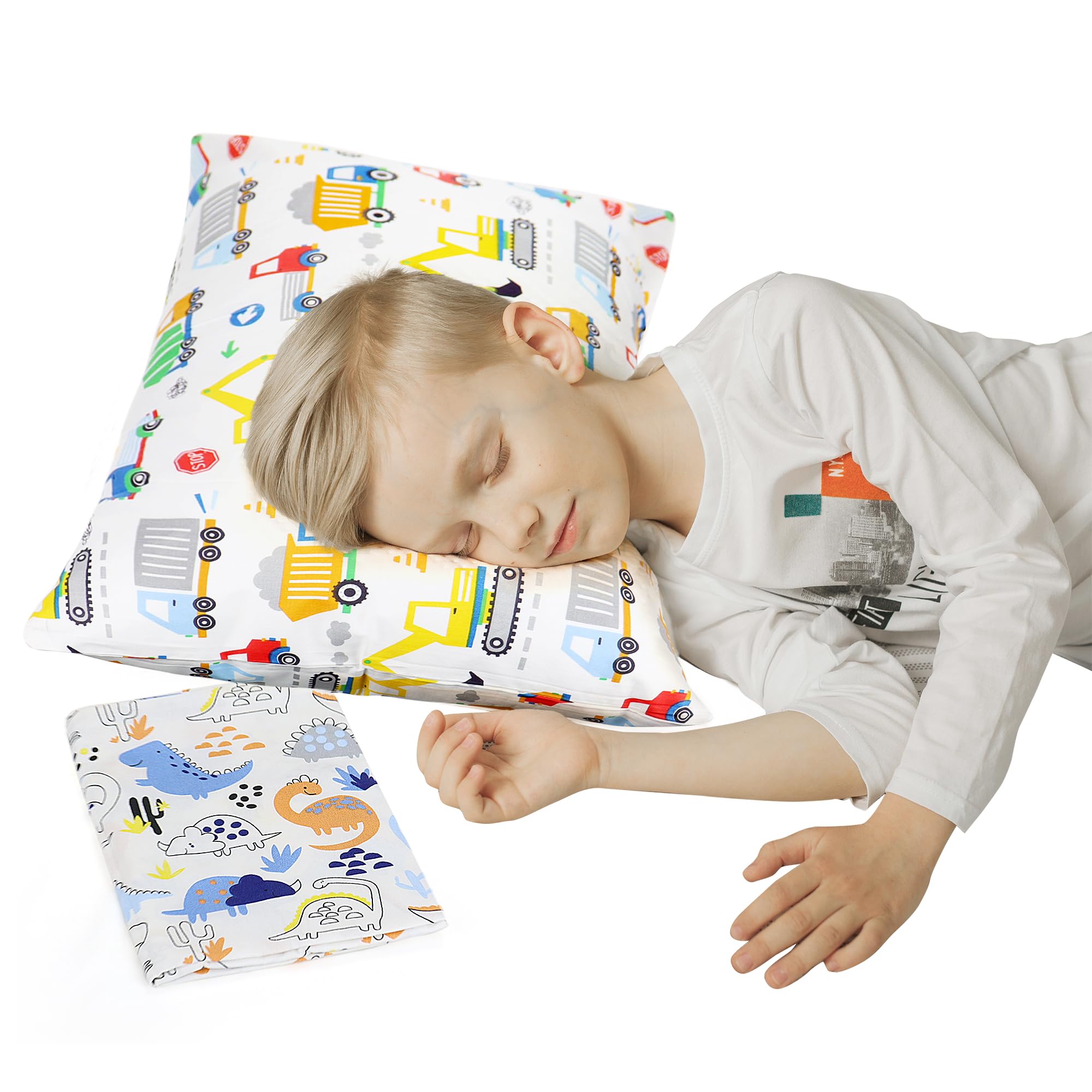 Baby Amabc Toddler Pillow Set of 3, 1 Kids Pillow with 2 Soft 100% Cotton Pillowcase (13x18 Inches) for Toddlers - with Machine Washable Pillowcase - Perfect for Bed, Cot or Travel