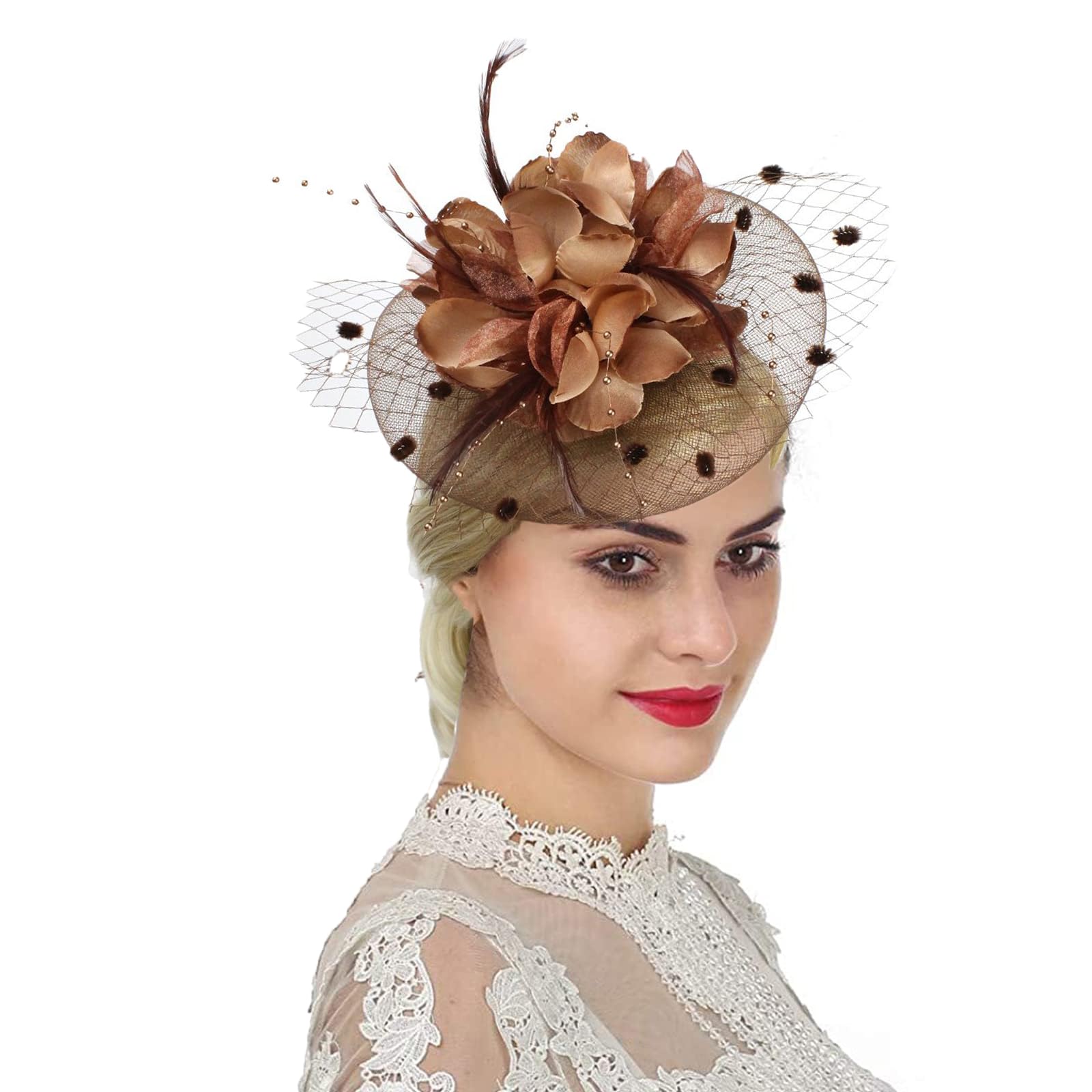 Women Fascinator Veil Hat Flower Feather Mesh Net Bridal Dot Veil Headpiece with Hair Clip and Headband Ladies Wedding Party Costume Headwear Fancy Dress Hair Accessories for Cocktail Party Ascot Race