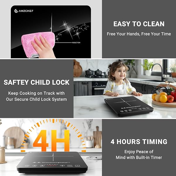 AMZCHEF PORTABLE INDUCTION COOKTOP 20 TEMPERATURE & POWER LEVELS, 1800W INDUCTION STOVE BURNER WITH 6.8″ HEATING COIL, LOW NOISE HOT PLATE SINGLE ELECTRIC COOKTOPS COUNTERTOP STOVE WITH TIMER