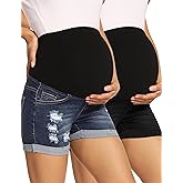 V VOCNI Maternity Denim Shorts Distressed Cuffed Hem Jean Short | High Waisted, Full Panel, Stretchy Ripped Denim, Comfy Pregnancy Short, Casual Cute Summer Outfit