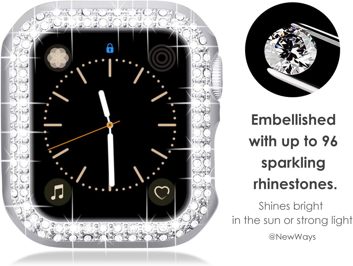 Newways 2-pack Women Bling Screen Protector with Diamond Compatible with Apple Watch Series 3/2/1 38mm,Plastic Bumper Case for iWatch,Overall Protective Cover without Protective Film(Clear+Silver) - Image 3