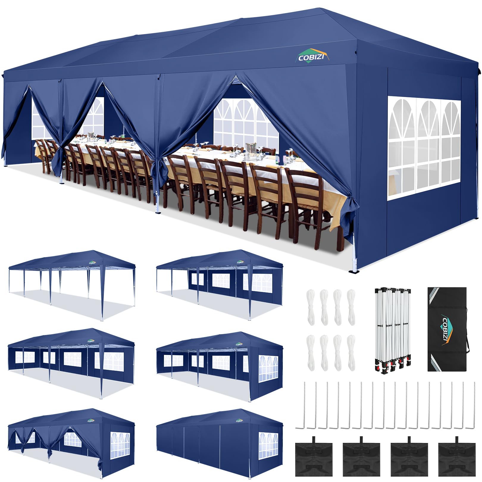 Photo 1 of COBIZI 10x30 Pop Up Canopy Tent for Parties with 8 Sidewalls Waterproof Commercial Instant Canopy 10x30 Party Tent for Backyard, Wedding Portable Outdoor Gazebo with 4 Sandbags(Navy Blue