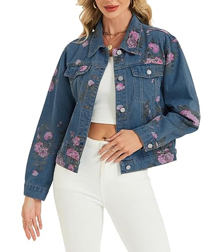 Ladies Floral Denim Jacket Short Denim Jacket Rose Print,L