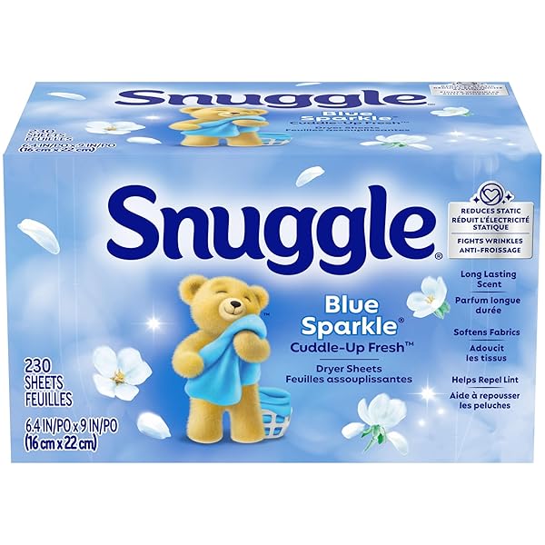 SNUGGLE FABRIC SOFTENER DRYER SHEETS, BLUE SPARKLE CUDDLE-UP FRESH, 230 CT, LONG-LASTING FRESH & CLEAN SCENT, SOFTENS FABRIC, REDUCES STATIC, FIGHTS WRINKLES, HELPS REPEL LINT & PET HAIR, HE SAFE