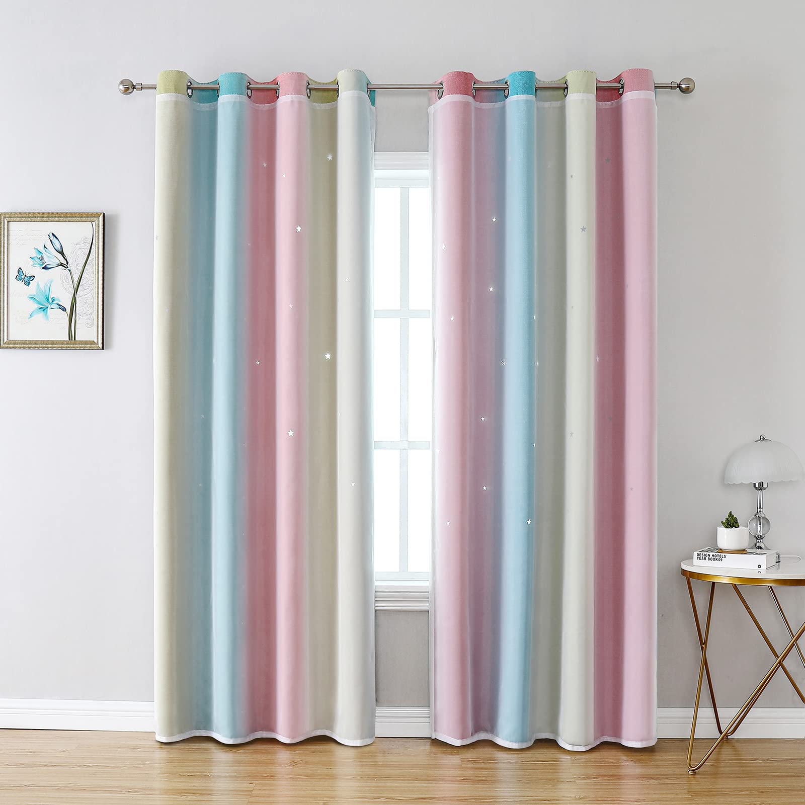 LiveGo Star Curtain Stars Blackout Curtain for Kids Girls Bedroom Living Room Colorful Double Layer Star Window Curtain 2 PANEL(100cm Wide x 130cm Drop) (pink, 2 Panels 40"x52")