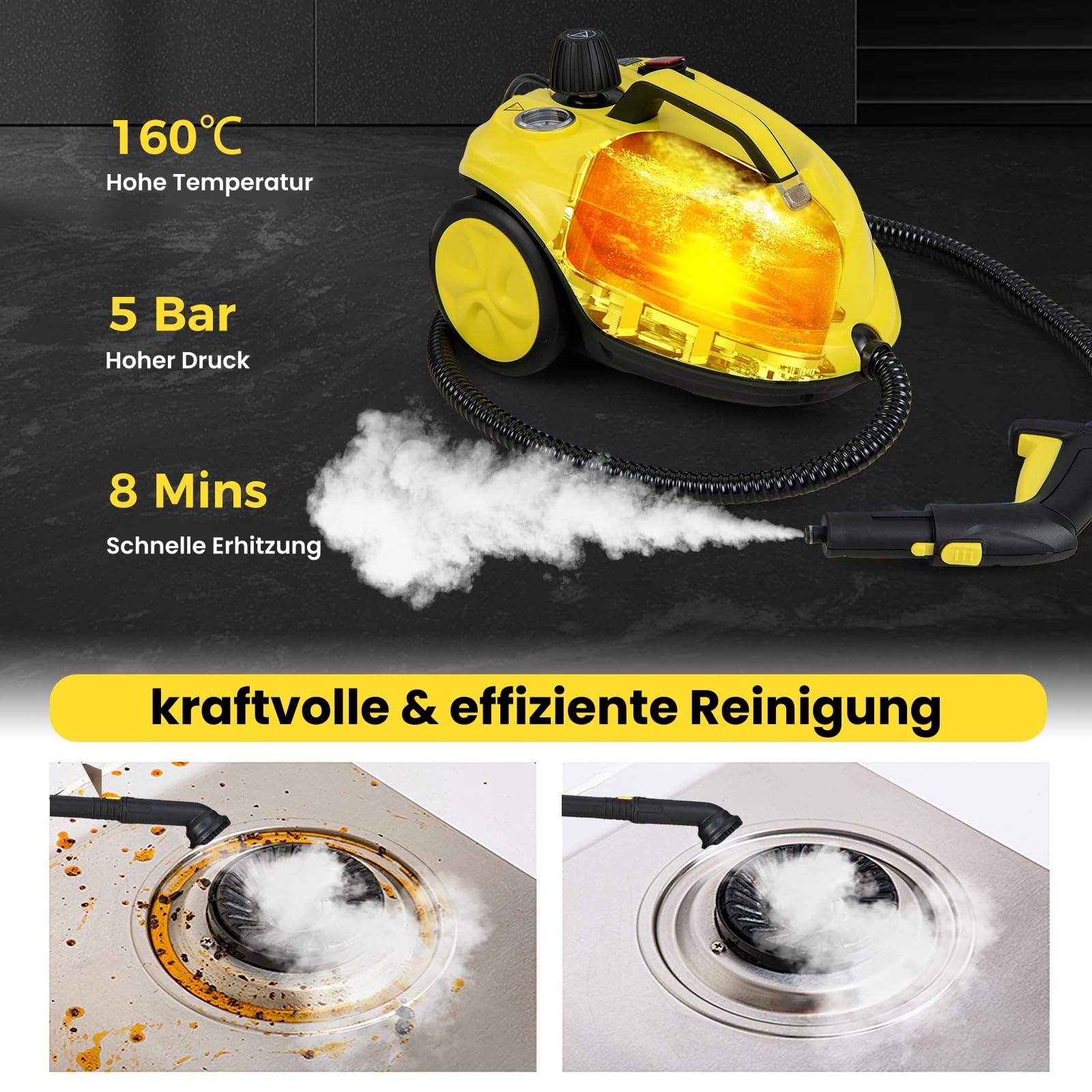 RELAX4LIFE Dampfreiniger 2000W, Dampfdruck: 5 bar, Tank: 1,8 L, Temperatur bis zu 160℃, Aufheizzeit: 8 min., Flächenleistung: 108 m², Steam Cleaner inkl. 13 Zubehör für Boden, Teppich, Fenster (Gelb) 5