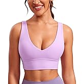 CRZ YOGA Butterluxe Womens V-Neck Longline Sports Bra - Wireless U-Shaped Open Back Yoga Low Impact Padded Crop Top