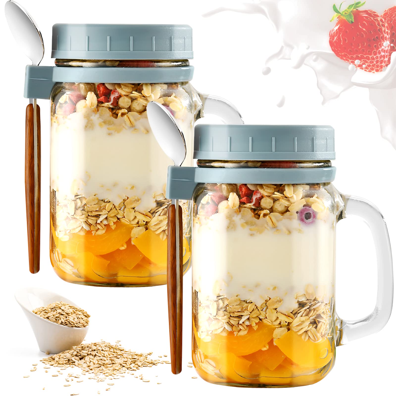 Keyohome 2 Pack Overnight Oats Jars,Overnight Oats Container with Lid and Spoon,16oz Glass Mason Overnight Oats Jars,Milk,Cereal Fruit Salad Storage Container (2 Pack Grey)