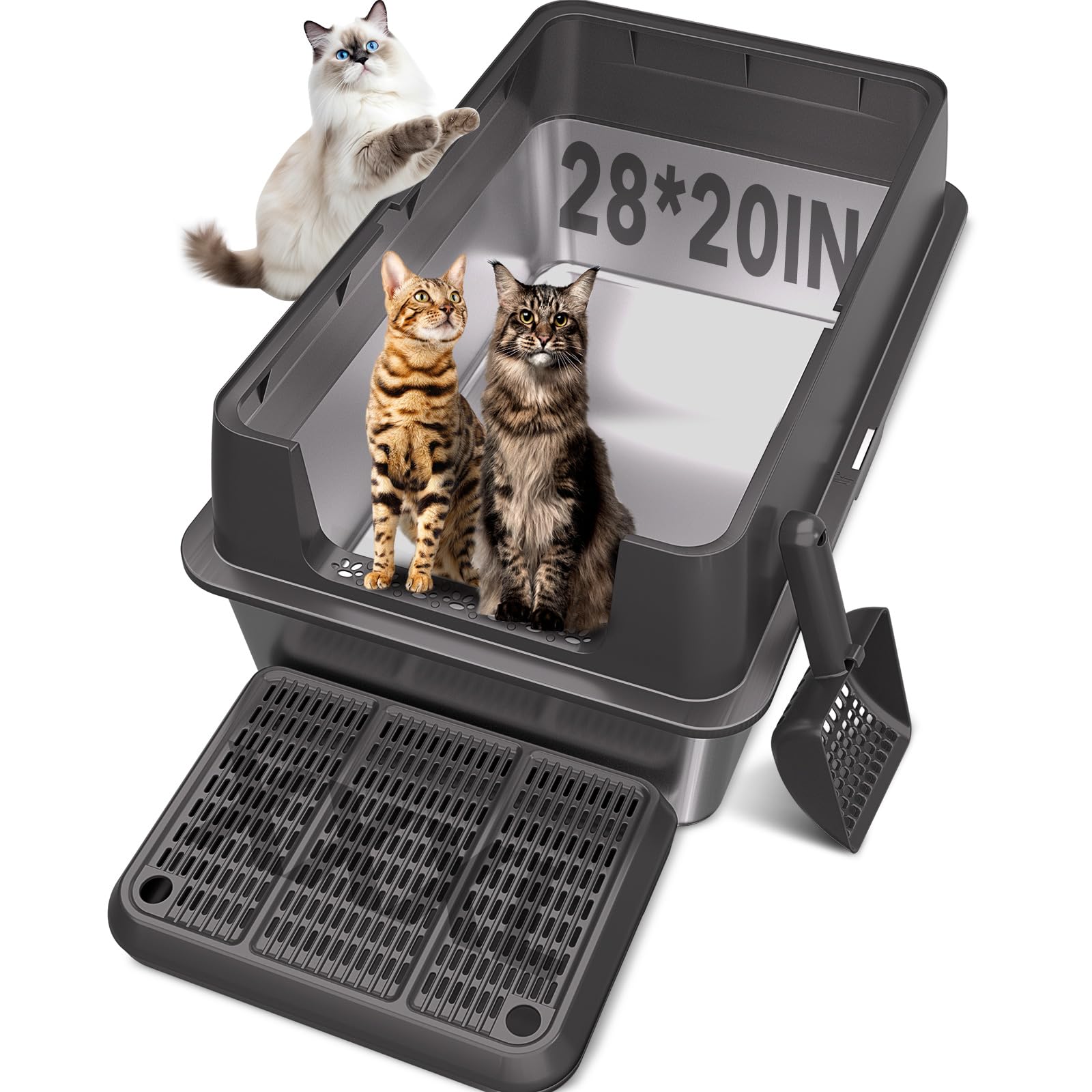 Photo 1 of **missing spoon**XXL Stainless Steel Litter Box with Lid, 28" Lx20 W Extra Large Cat Litter Boxes for Big Cats, Jumbo Metal Litter Box with Footboard & Scoop,Anti-Leakage,Non-Sticky,Odorless,Easy to Clean