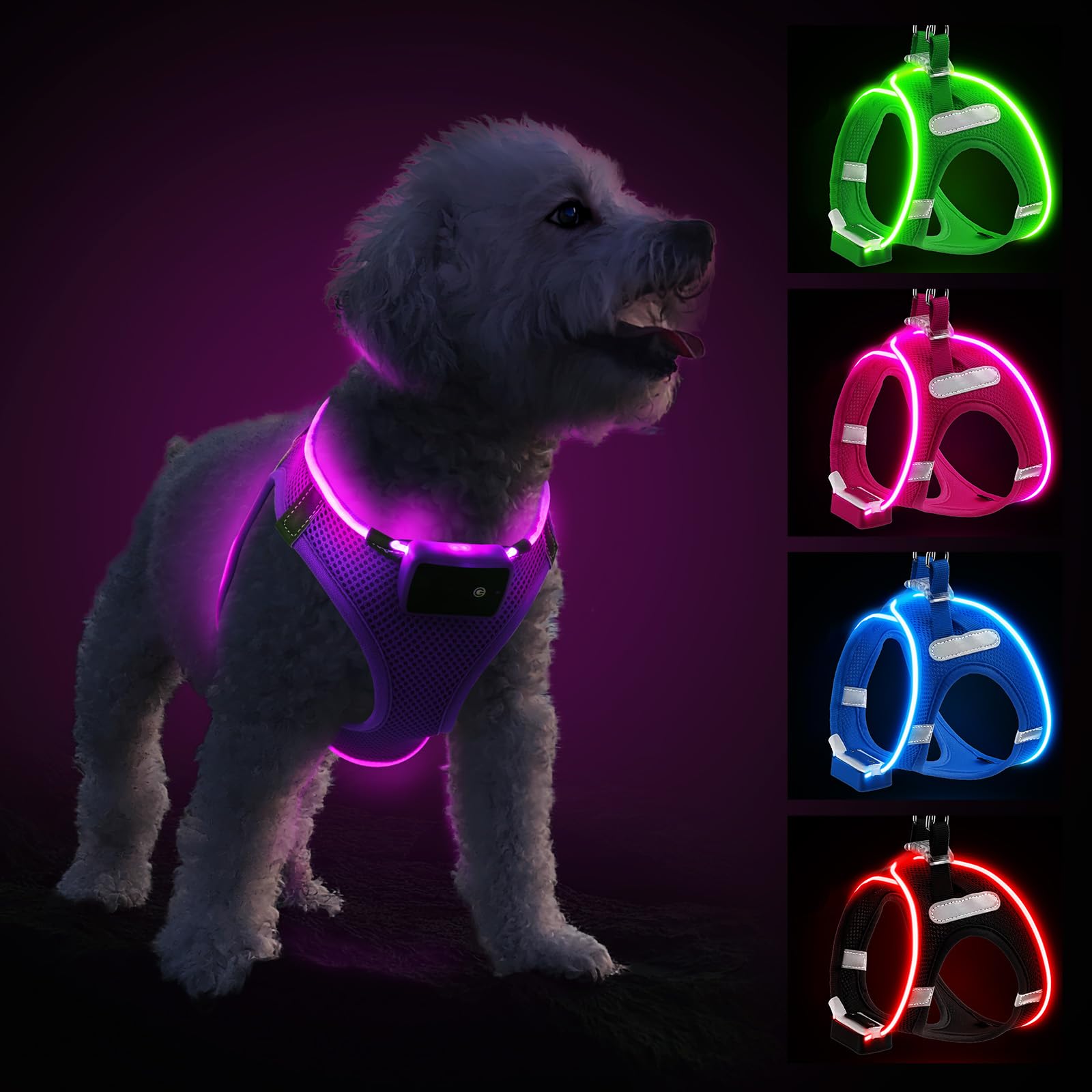 Light Up Dog Harness with Rechargeable LED - Waterproof Reflective Dog Harness Glow in the Dark - Flashing Harness for Puppy Small Medium Dogs Walking in Light, Purple-XS — image 1