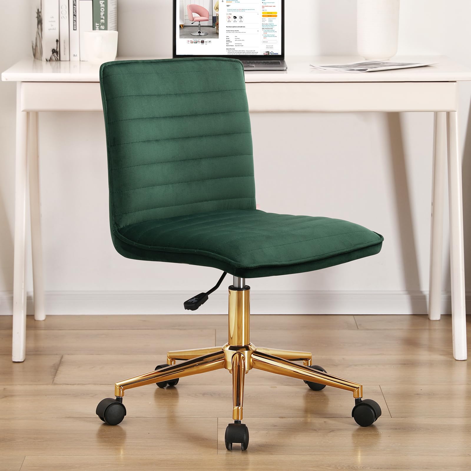 Photo 1 of Furnimart Velvet Home Office Armless Desk Chair Adjustable Task Chairs Small Swivel Upholstered Office Chair Students Desk Chair Mid-Back Home Office Chair Dorm Chair (Velvet-DarkGreen)