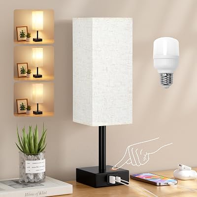 Aooshine Bedside Lamp with USB Ports, 3-Way Dimming, Beige Shade, LED Bulb