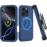 TMIDVFV Compatible with iPhone 16 Pro Max Case, with Belt Clip Holster Heavy Duty Magnetic Wireless Charging Full Body Protection Kickstand Cover for iPhone 16 Pro Max 6.9 inch Phone (Navy Blue)