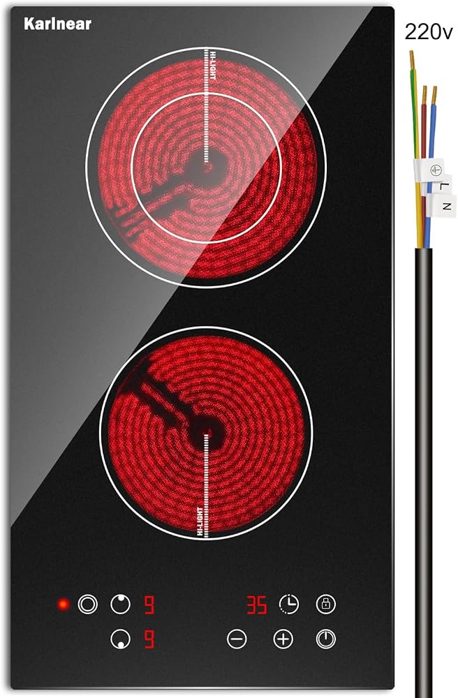 Karinear 2 Burner Electric Cooktop 12 Inch, Drop-in Radiant Cooktop | Child Safety Lock, Timer, Residual Heat Indicator, 3200