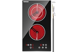 Karinear 2 Burner Electric Cooktop 12 Inch, Drop-in Electric Radiant Cooktop 220v - 240v with Child Safety Lock, Timer, Residual Heat Indicator, 3200W, Hard Wired, No Plug Electric Stove Top
