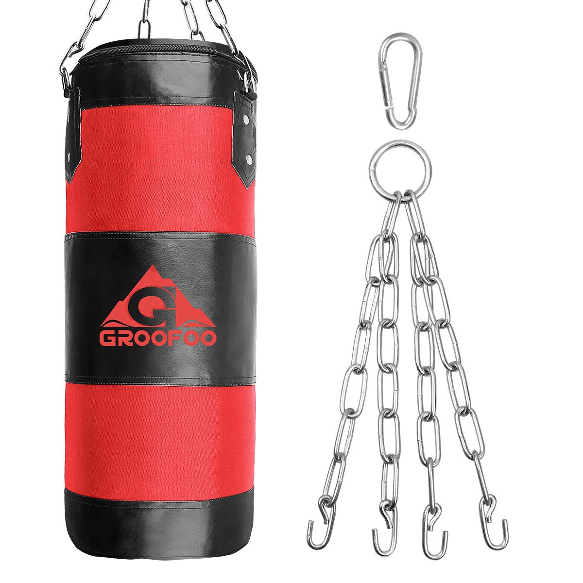 Boxing Bag, GROOFOO 100x33CM Heavy Duty Oxford Punching Bag for Kids and Adults, UNFILLED Bag with Mount Chain for Boxing Training MMA Muay Thai - Red