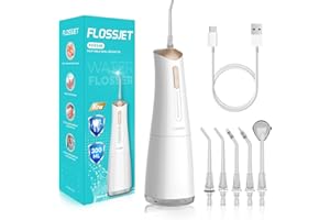 FlossJet Water Dental Flosser Cordless Oral Irrigator with 300ml 5 Tips 4 Modes USBCharger Portable Travle Irrigation Cleaner IPX7 Electric Irrigador Dental for Teeth Cleaning (White)