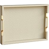 HofferRuffer Faux Leather Rectangle Serving Tray Decor Platter with Gold Metal Handles for Coffee Table, Breakfast, Tea, Food, Countertop, Kitchen, Butler Tray, 16.2 x 12.2 x 2 inches (Cream White)