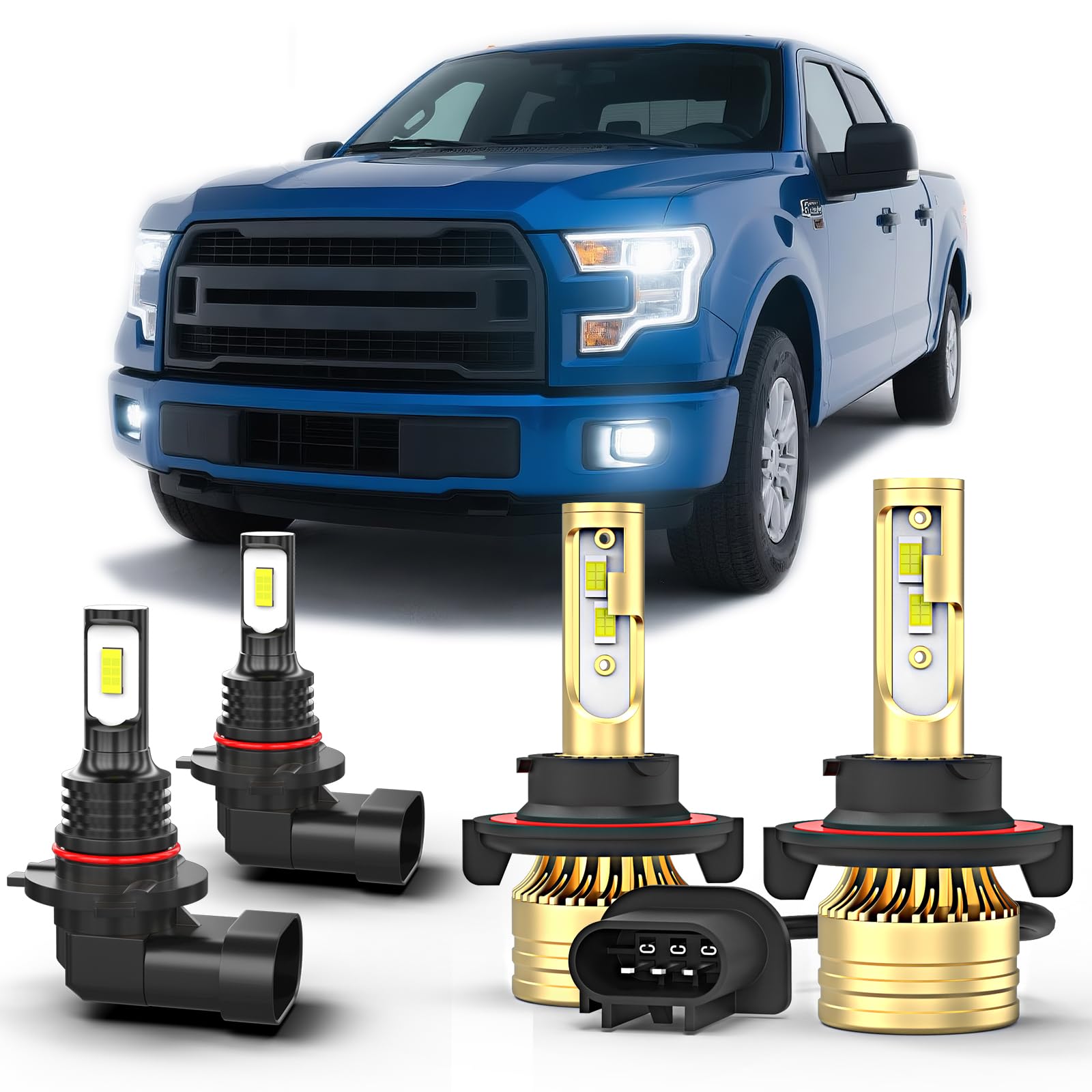 Photo 1 of cayrsk For Ford F-150 2004-2014 White LED light bulb Hi/Lo + Fog Light 4 Bulbs Combo kit 6000K H13 9008 Bulbs + 9006/9145 Fog Light Bulbs Ultra Bright,Plug and Play