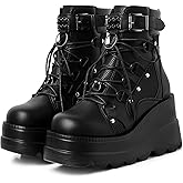 mikarka Holographic Platform Boots for Women, Lace Up Ankle Studded Buckle Goth Stacked Wedge Combat Ankle Boots
