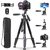 UBeesize 74" Camera Tripod with Phone Holder and Remote, Heavy Duty Tripod Stand with Portable Bag for Phone and Camera, Compatible with DSLR Cameras, Cell Phones, Spotting Scopes and Binoculars