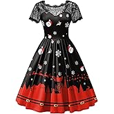 Women's Christmas Lace Short Sleeve Holiday A Line Knee Length Dress