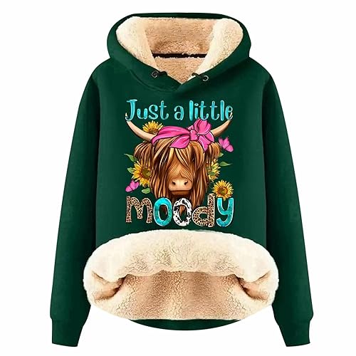 Ladies Hoodies Highland Cow Heart Letter Print Large Size Hooded Fleece Drawstring Thickened Pullover Tops Long Sleeve Comfortable Hoody Loose-Fit Outdoors Sweatshirts With Hood