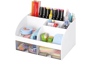 LETURE Office Desk Organizer with Drawers for Desktop/Tabletop/Counter, Desk Top Accessories Stationary Organizer Desk Caddy, Pen/Pencil/Business Card/Sticky Note Tray/Paperclip Holder Storage Box (White)