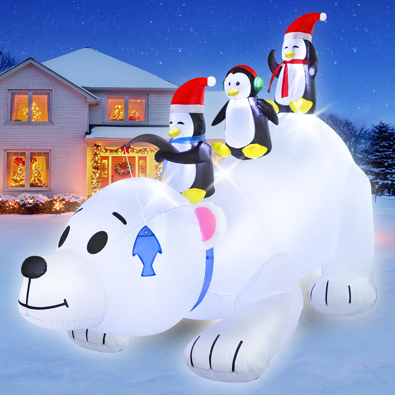 FunFanso 8FT Christmas Inflatable Polar Bear with Penguins Outdoor Yard Decorations, Blow up 3 Penguins Fishing on Big Polar Bear with Bright LED Lights for Indoor Xmas Decor Outside Garden Lawn Image
