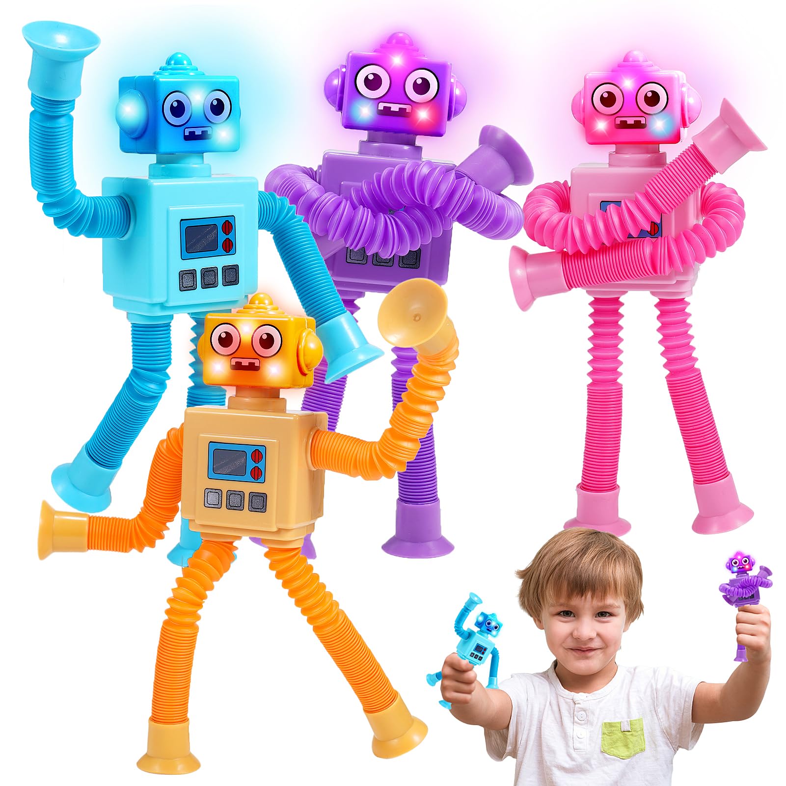 Photo 1 of Delighkidz Robot Fidget Toys for Kids : 4 Pack LED Robotic Pop Tubes Telescopic Suction Cup Sensory Toy for 2 3 4 5 6 7 8 Year Old Boys Girls Birthday Gifts for Kid Ages 2-4 Toddler Travel Toy