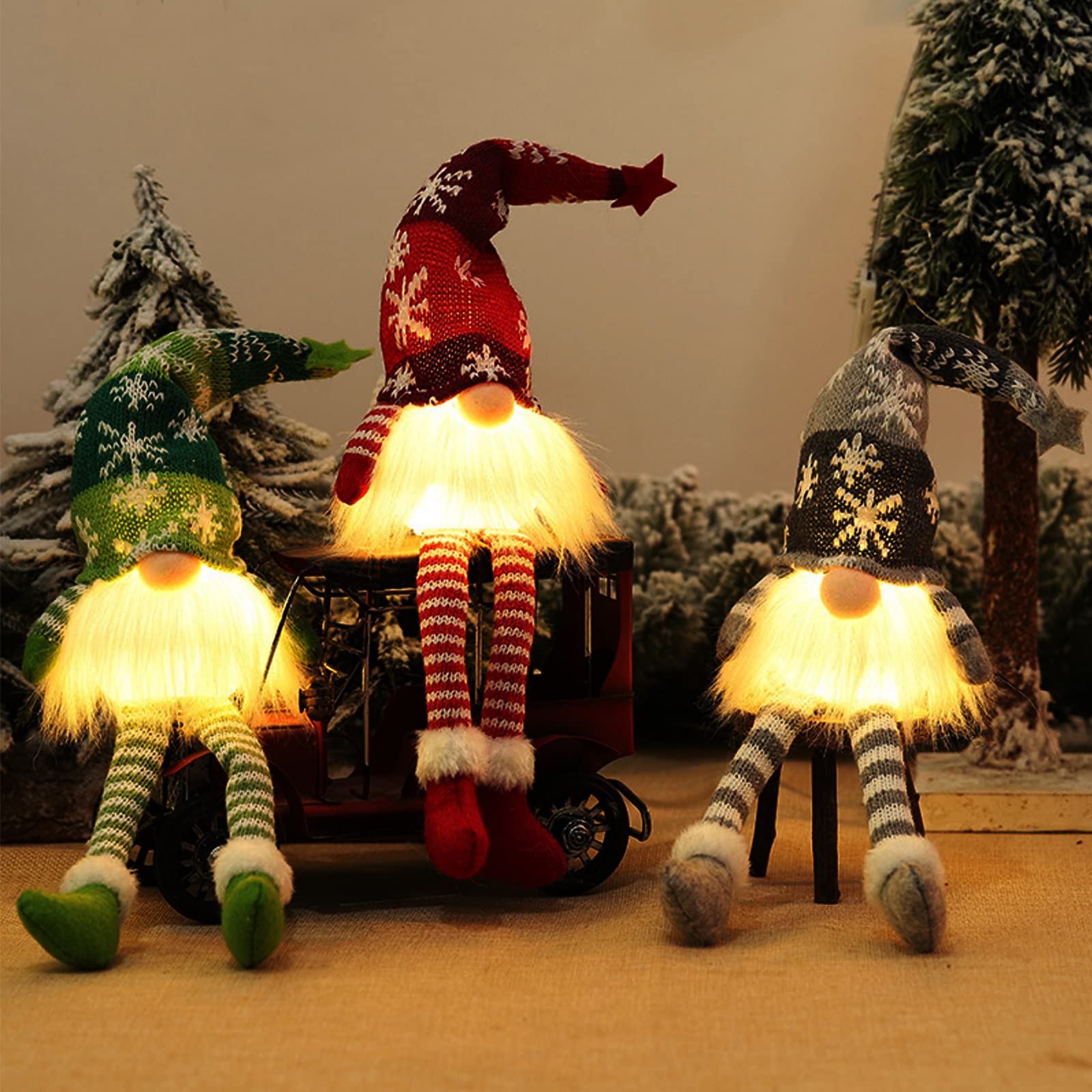 Bseical 3pcs Christmas Gnomes Plush Knitted Glowing Santa Doll, Handmade Xmas Gonk Dwarf Elf Figurines Tabletop Decoration, Household Home Faceless Dolls With Light, Holiday Party Decor(middle)
