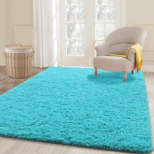 Amazon Com Ecober Premium Velvet Fluffy Area Rug Plush Soft Carpet For Bedroom Living Room Extra Comfy Furry Rugs Modern Cute Carpets For Nursery Kids Children 5x8 Feet Blue Kitchen Dining