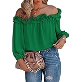 evnanic Womens Casual Off Shoulder Tops Long Sleeve Ruffle Flowy Chiffon Blouses Shirts