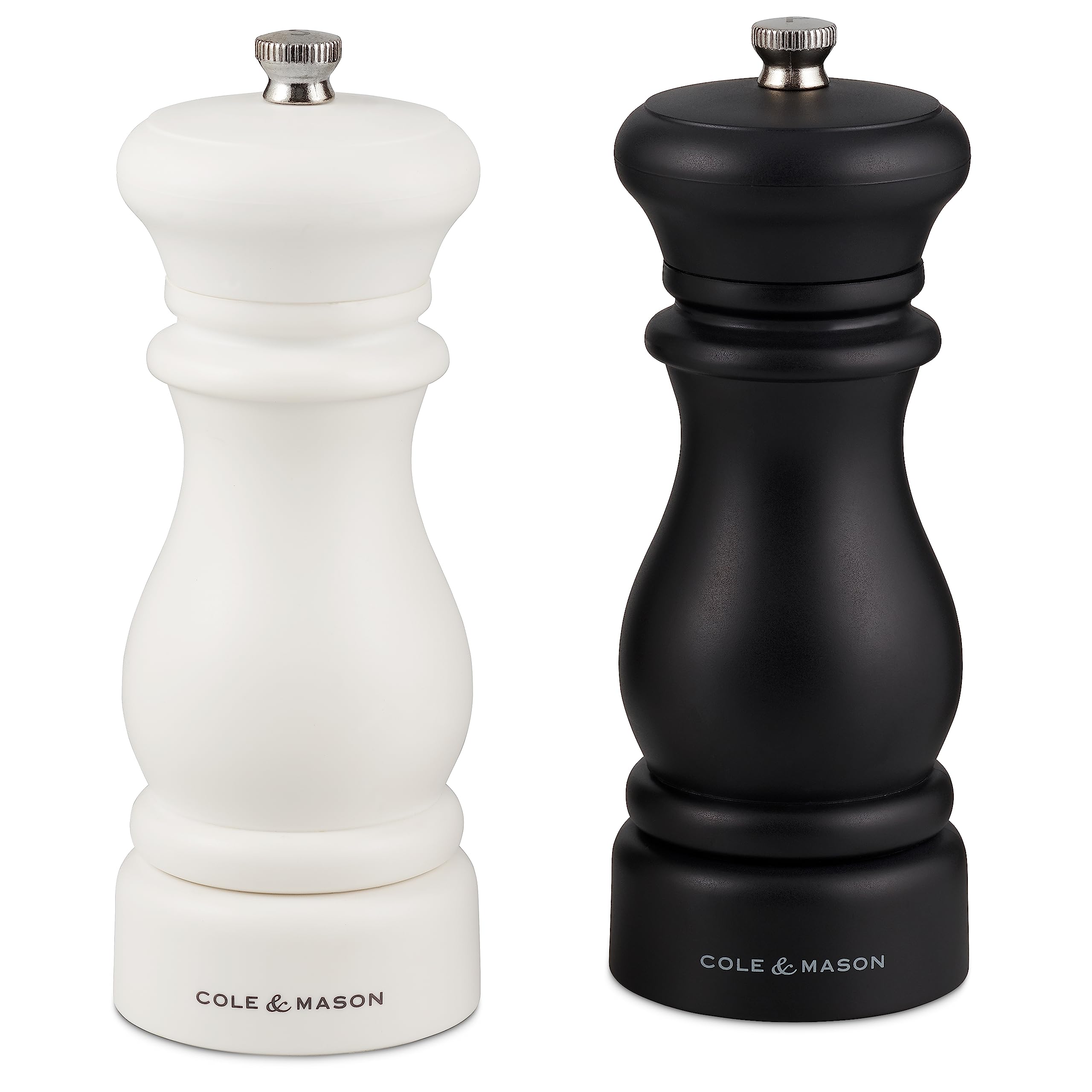 Cole & Mason Southwold Black & White Salt and Pepper Mill Set, Adjustable Grind, ABS Plastic, 165mm, Gift Set, Includes 2 x Salt and Pepper Grinders