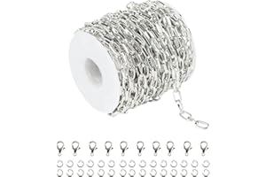YOUBEIYEE 32.8 Feet Aluminum Flat Oval Silver Chains for Jewelry Making Unwelded Paperclip Link Cable Chain Spool Necklace Chains Bulk with Lobster Clasps and Jump Rings