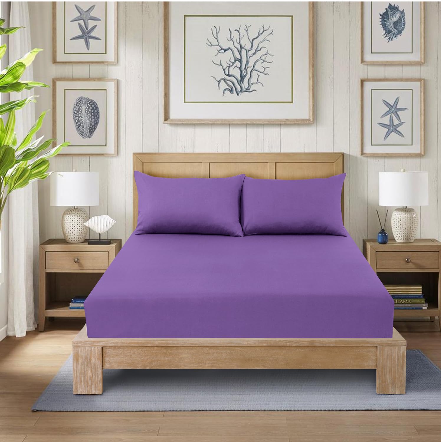 CHARKHAH Polycotton Fitted Sheet for Single Double King Super King Bed 200 Thread Count Anti Wrinkle Plain Bedding 25 cm Extra Deep Fitted Sheets Cover with Elastic Edges (Purple, King)