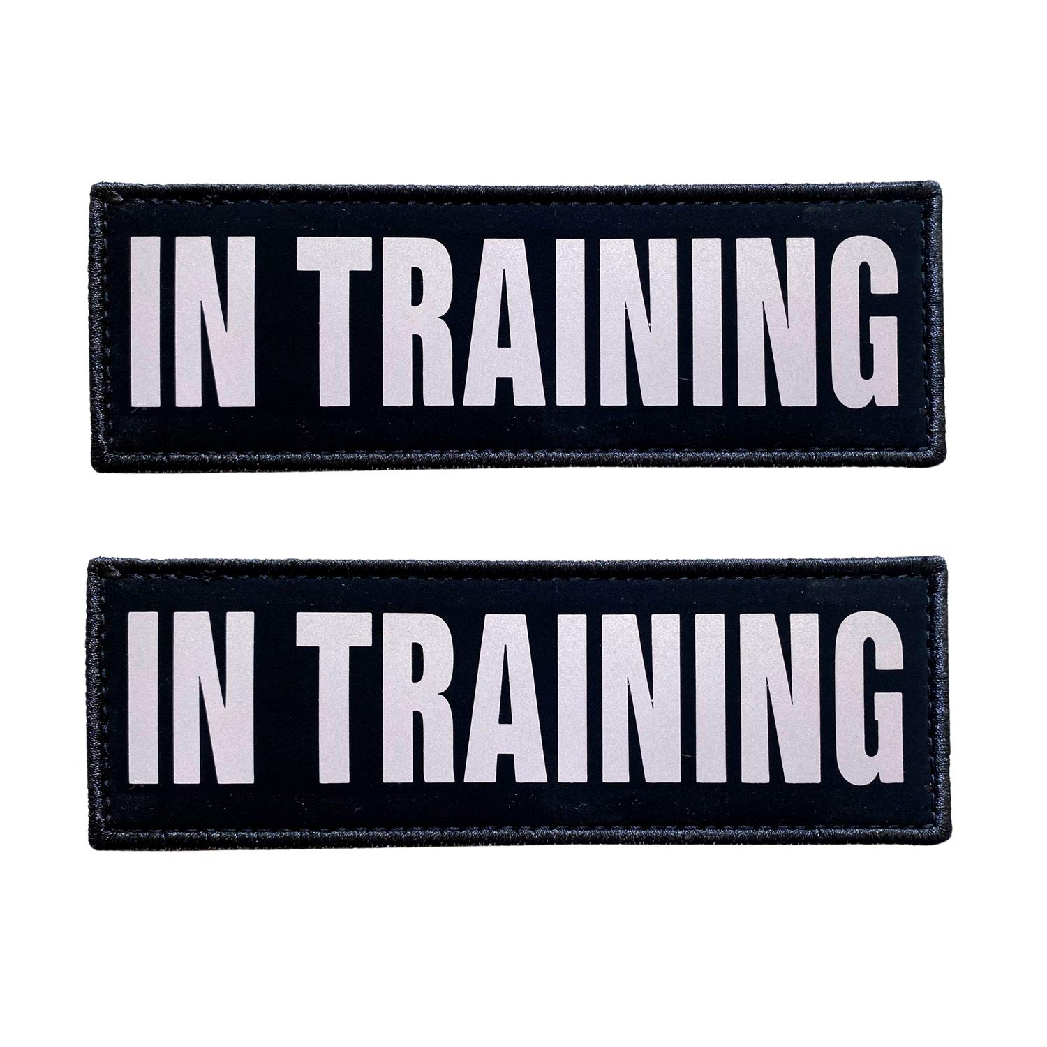 JUJUPUPS Black Reflective Dog Patches 2 Pack Service Dog ，in Training， DO NOT PET, Tags with Hook and Loop Patches for Vests and Harnesses (in Training, 6x2 inch)