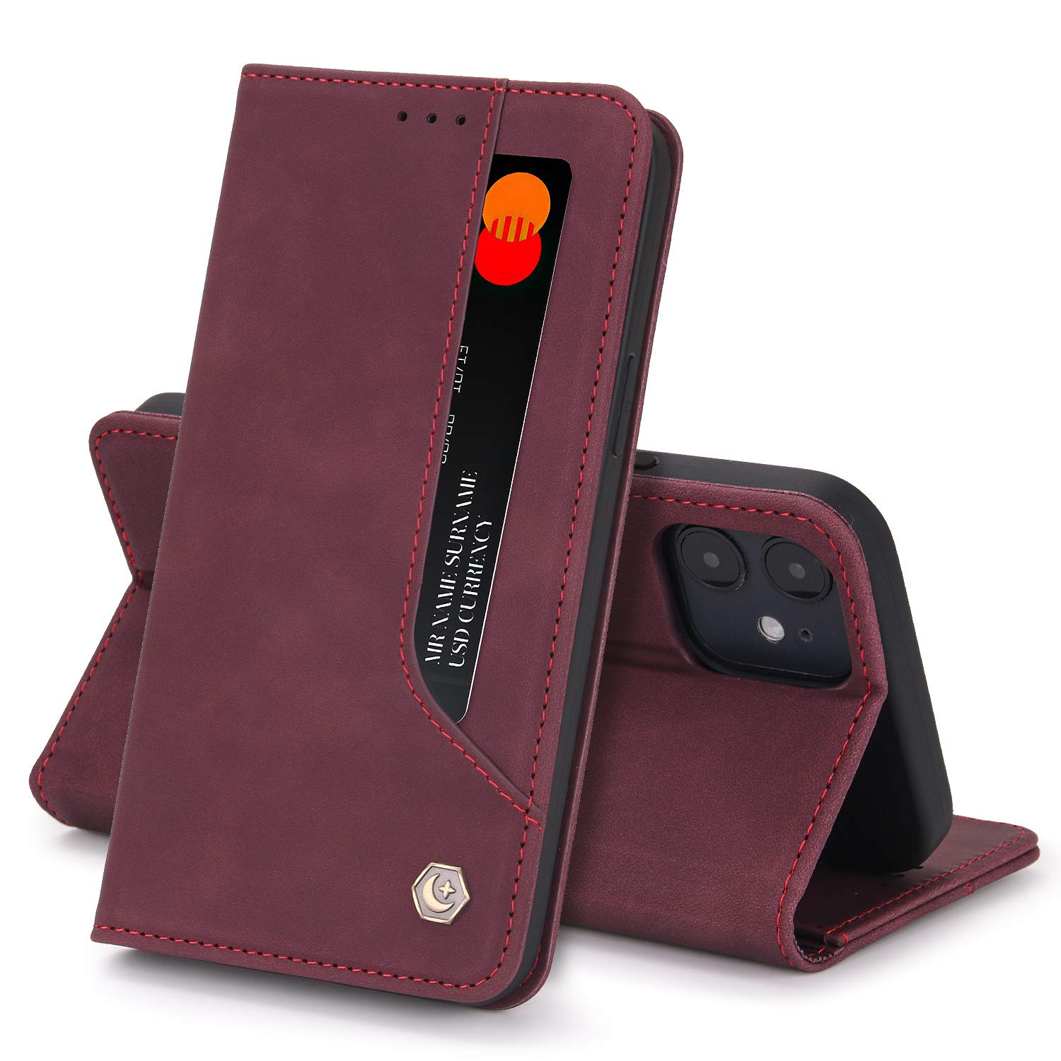 SWP Wallet Case for iPhone 12 Mini, Premium PU Leather Case [3 Card Slots] Credit Pocket Folio Flip Cover [Stand Function] Shockproof Case Compatible with iPhone 12 Mini 5.4 inch 2020 (Wine Red)