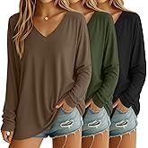 Oakgarden 3 Pack Womens Oversized T Shirts Long Sleeve V Neck Cotton Basic Tops Loose Fit Workout Tees Fall Outfits(Black, Brown, Army Green,Small)