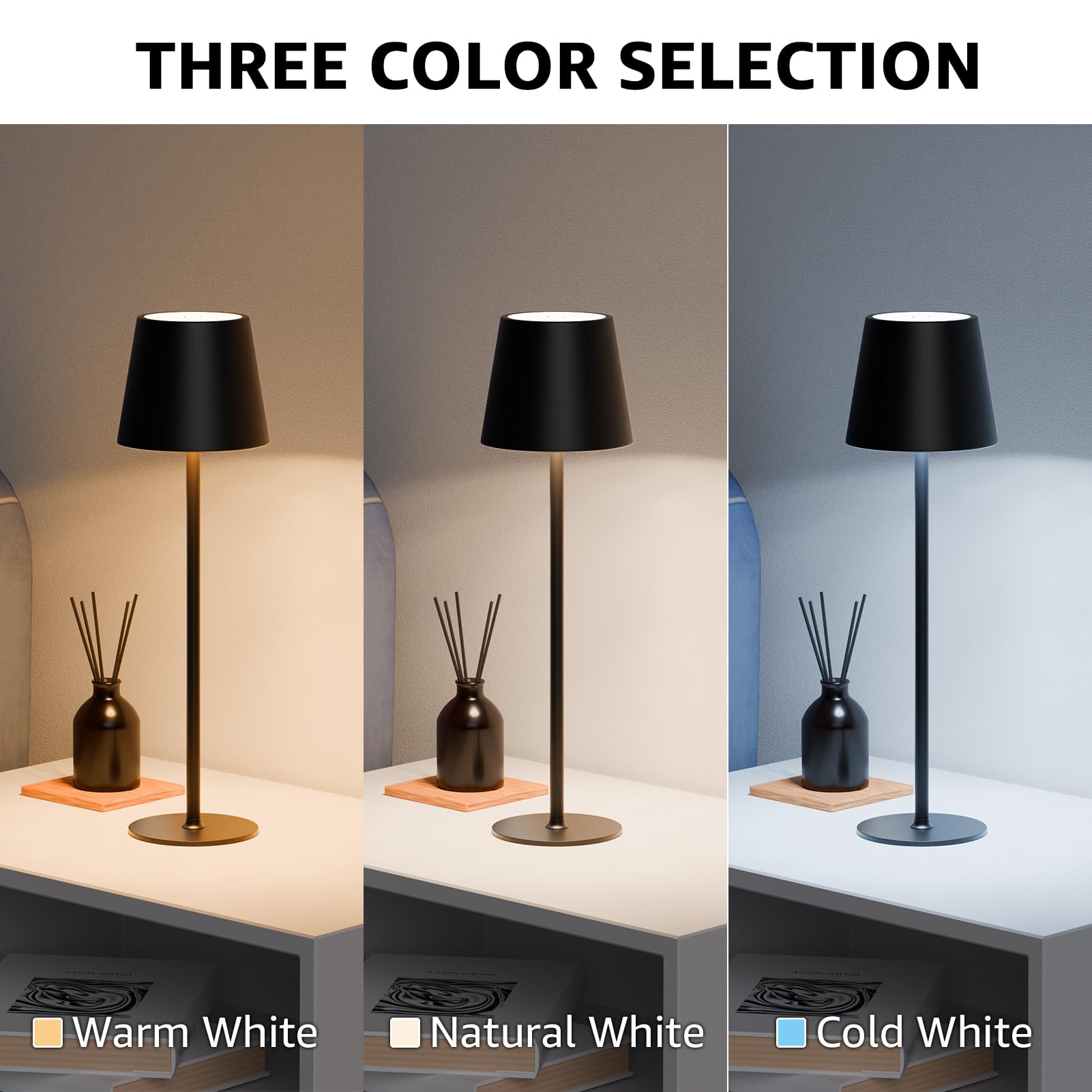MALUX LED Tischlampe Kabellos 2 Stück Touch Dimmbare 2700K-4000K Metall IP44 Wasserdicht, USB-C Aufladung, 8-15h Akkulaufzeit Tischleuchte für Garten Esstisch Schlafzimmer Balkon Hotel (Schwarz) 4