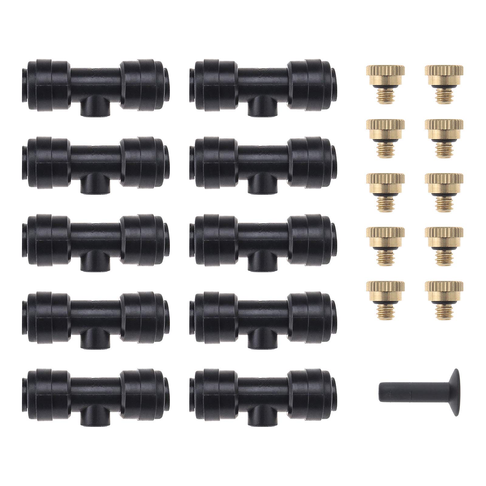 OTOTEC 21 Pcs Water Misting Nozzles Sprinkler Set 10x Slip-Lock Mister Nozzle 10x Thread 10/24 UNC Tees & 1x Plug Cooling System for Greenhouses Garden