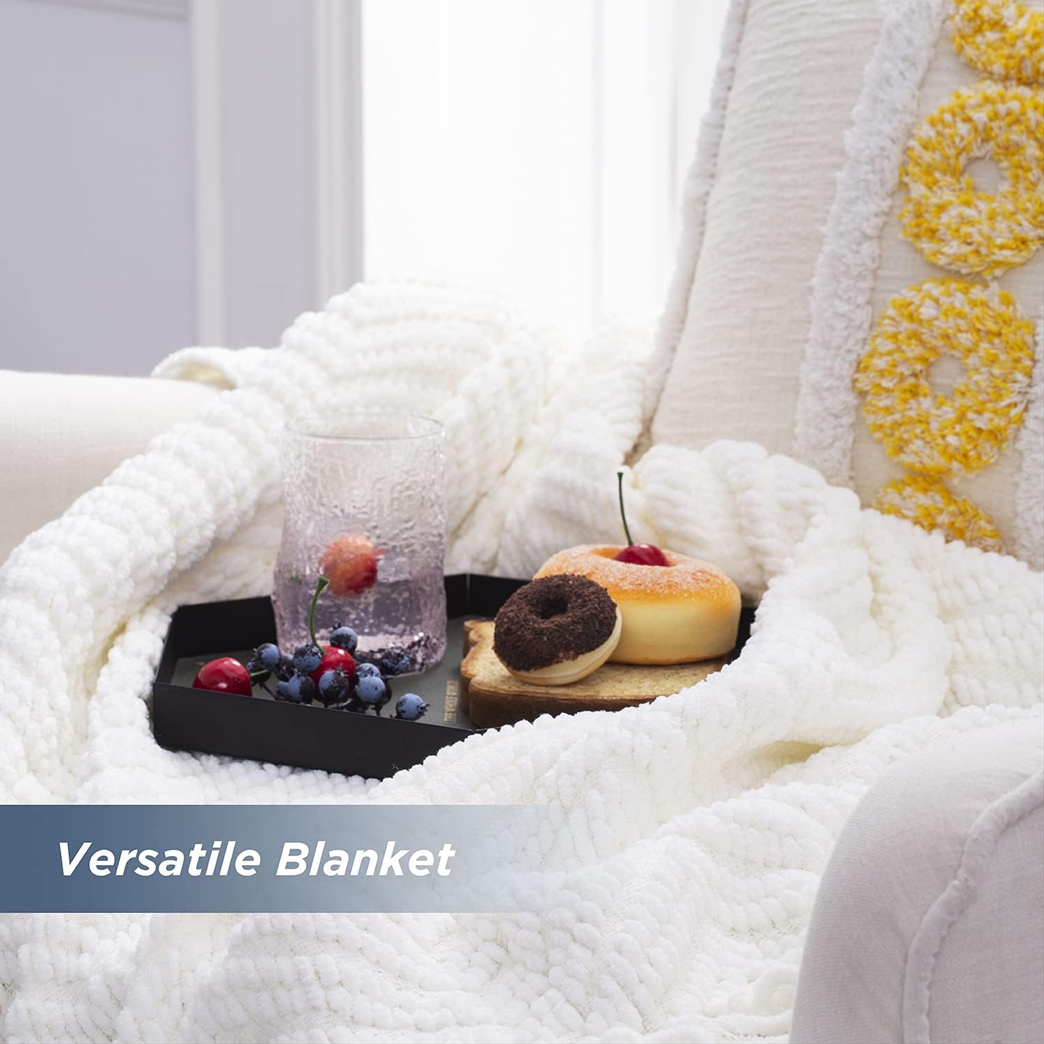 Bedsure Cream White Throw Blanket for Couch, Knit Woven Chenille Blanket Versatile for Chair, 50 x 60 Inch - Super Soft Warm Decorative Ivory Blanket with Tassels for Bed, Sofa and Living Room: Kitchen & Dining