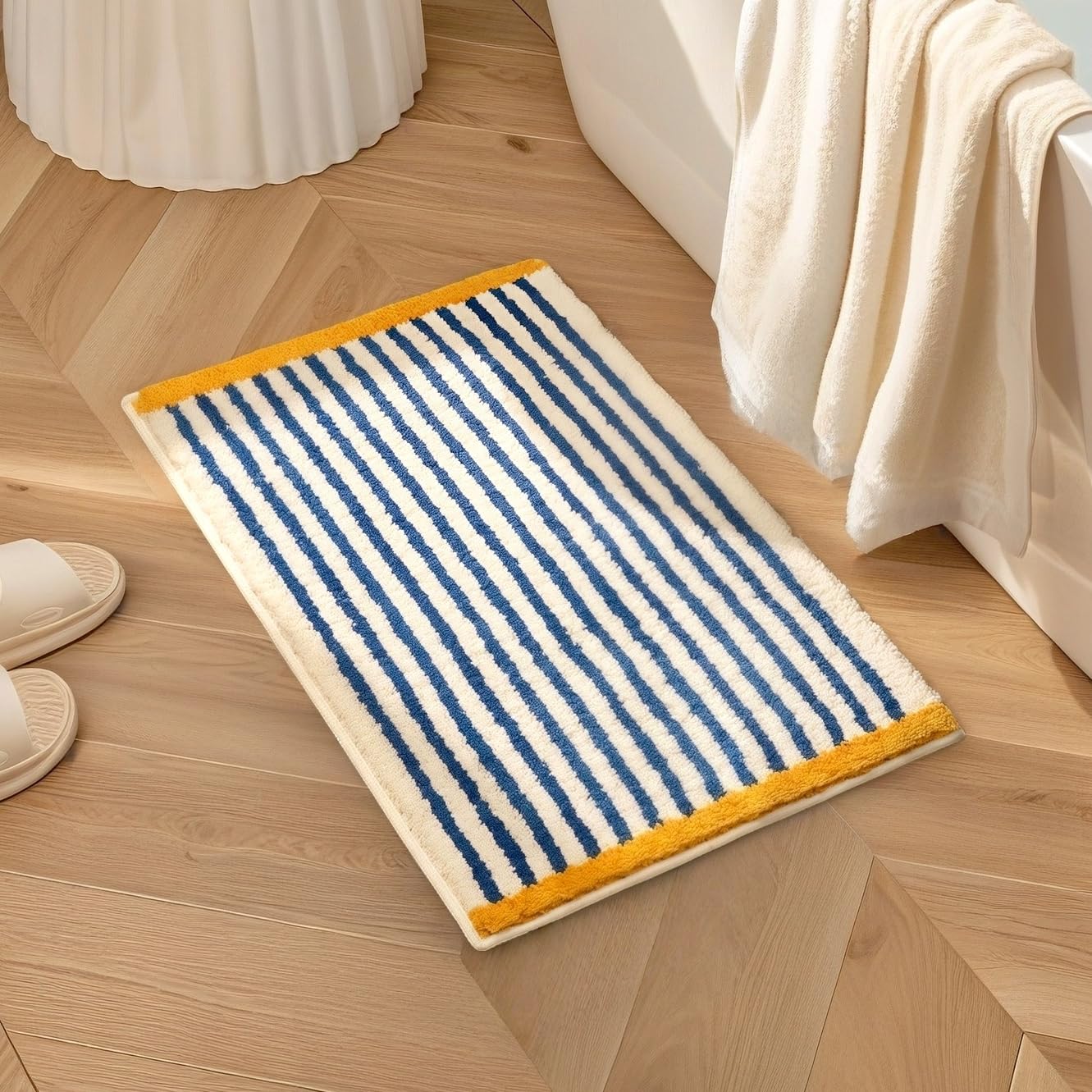 Photo 1 of GIB Blue and White Striped Bathroom Rug Mat 24" x 16", Yellow Accent, Extra Soft Absorbent Non-Slip Washable Plush Fluffy Shaggy Microfiber Bath Mat, Aesthetic Runner Rug for Bedroom