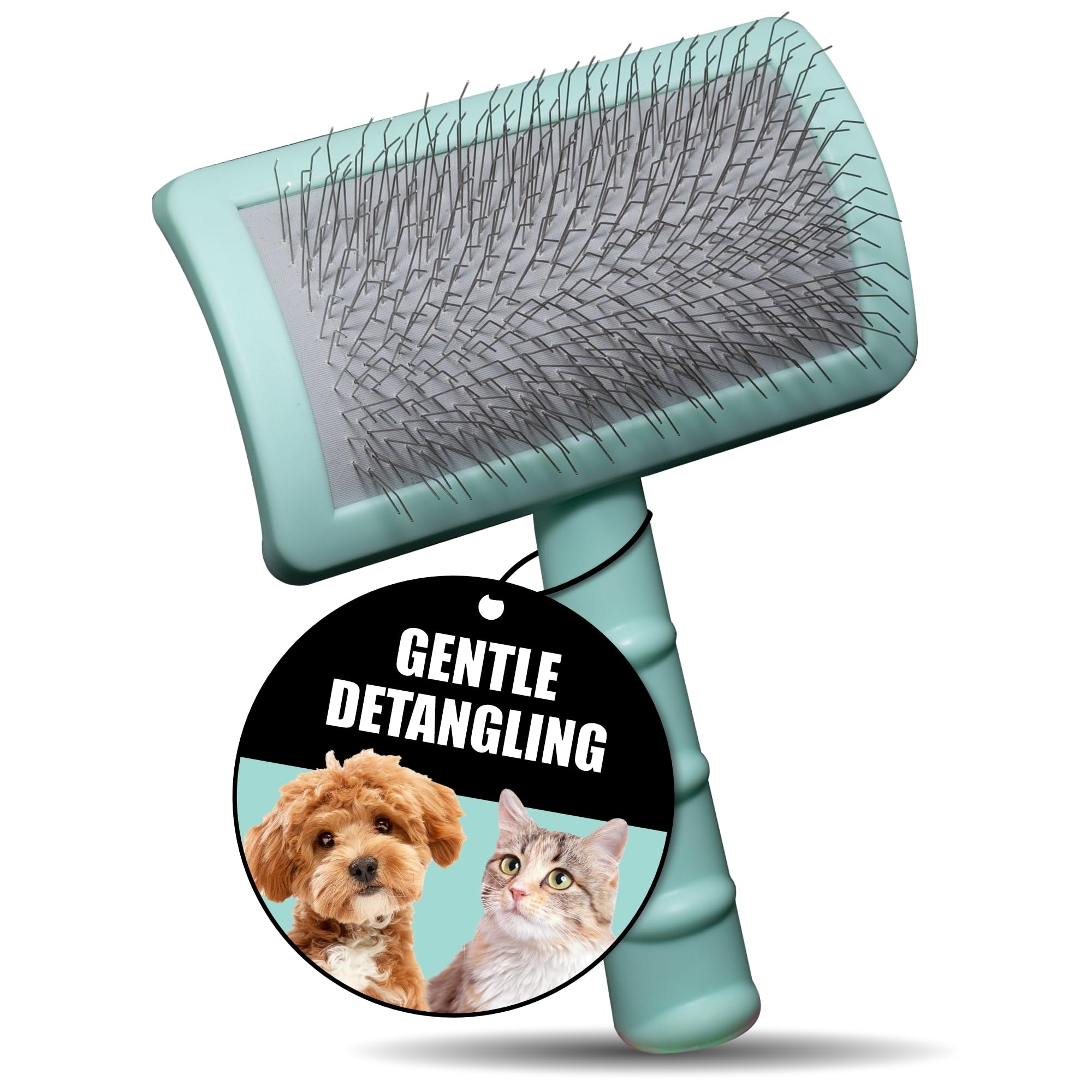 Tauro Pro Line Dog & Cat Slicker Brush for Shedding, Long & Short Hair - Soft Grooming Brush with Ergonomic, Beechwood Handle, Flexible Cushion for Smooth Coat, Rectangular, Mint