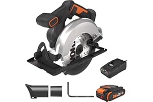 Worx 20V Cordless Electric Circular Saw 6-1/2'' Max. 2-3/16" Cutting Depth 4700 Rpm 0-50° Bevel Capacity 2.0 Ah Battery and Charger Included WX526L