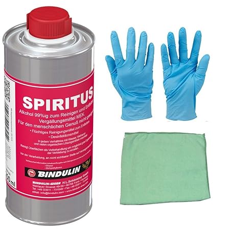 Spiritus 99 % Alkohol zum Reinigen und Entfetten inkl. Microfasertuch und 1 Paar Nitrilhandschuhe (250 ml)