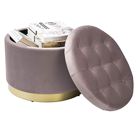 Esituro Pouf Contenitore Rotonda Ottomana Moderna Puff Poggiapiedi In Velluto Sgabello Basso Base Dorato Som0091