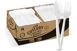 R-KAY 1000 Pcs Plastic Utensils Set - 500 Forks And 500 Spoons - Premium Plastic Forks And Spoons - Medium Weight Silverware Set - Bulk Disposable Cutlery